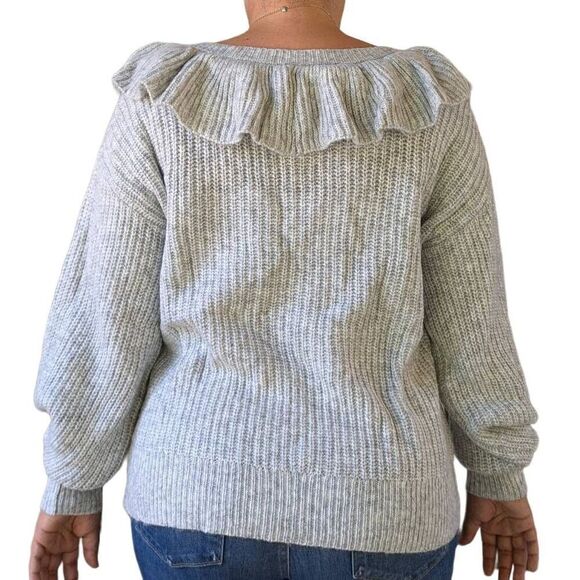 A New Day Grey Ivory V-Neck Ruffle Pullover Drop Shoulder Sweater Women Size XL - Picture 6 of 10